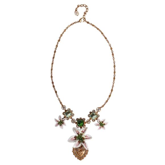 Dolce & Gabbana Gold Brass Lily Crystal Sacred Heart Pendant Women\'s Necklace